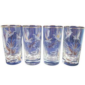 Vintage Set Of 4 Etched Tumblers Gold Trim Nature Ducks Engraved Clear  Glass